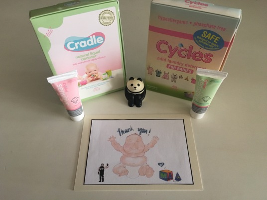 Cradle's dish washing liquid and Cycle's detergent. Plus a small tube of diaper cream and baby lotion.